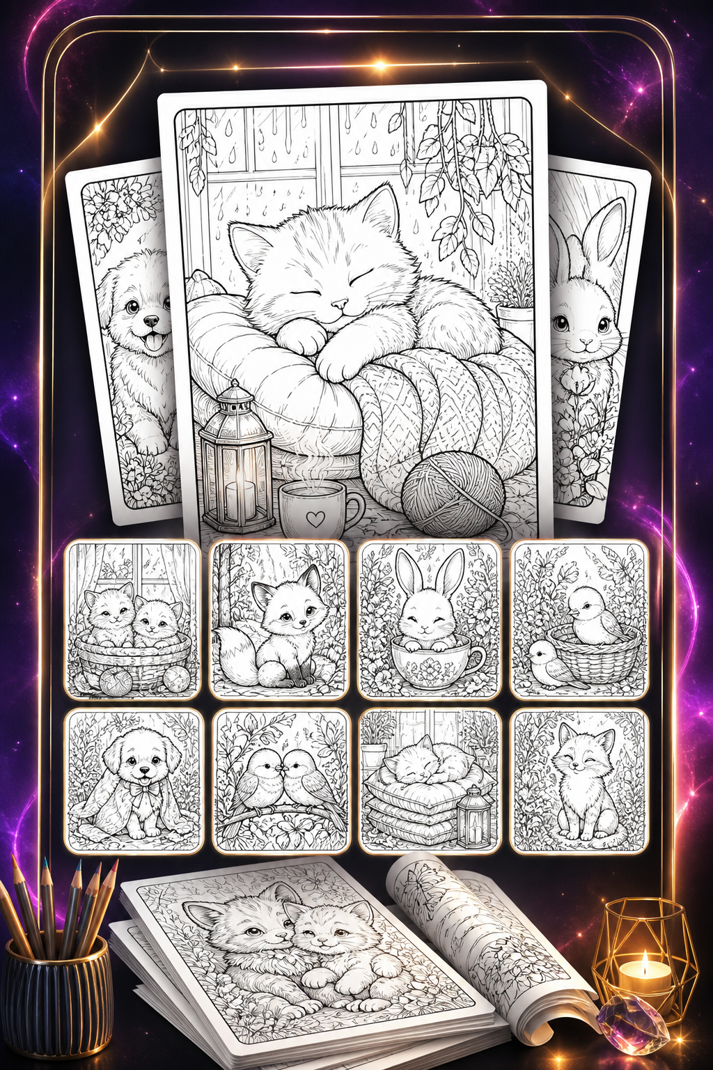 Cozy animals coloring preview